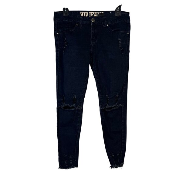 VIP Black Blue Denim Distressed Ripped Skinny Jeans Pants Punk Grunge Goth 7/8 - Picture 1 of 6